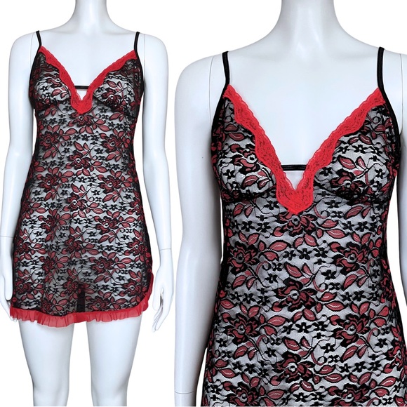 Gothic Black Red Sheer Lace Slip Dress. Small. Coquette Trashy2K Goth Lingerie - Picture 1 of 8